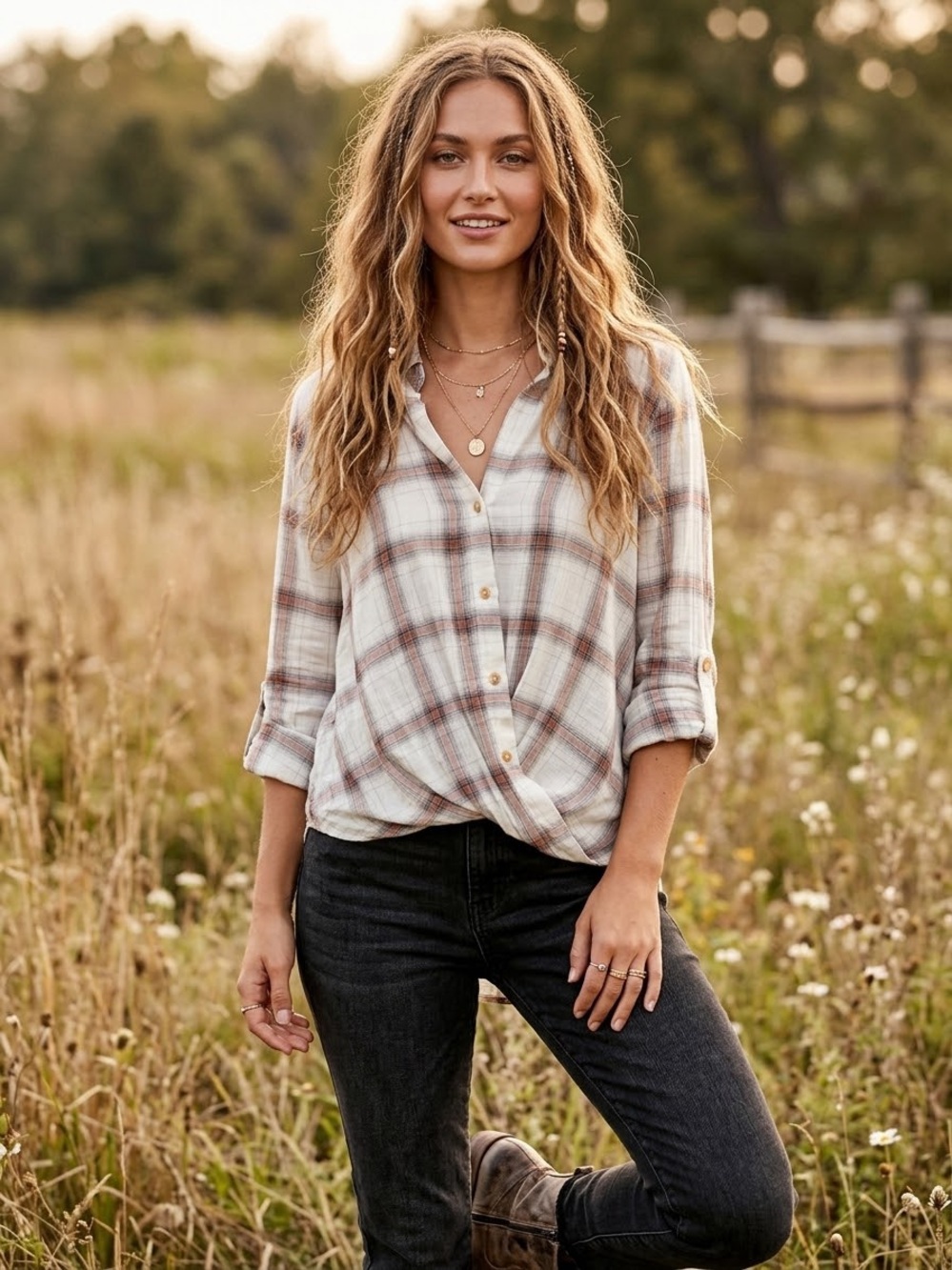 August Sky Plaid Button Down Shirt Roll Tab Sleeves